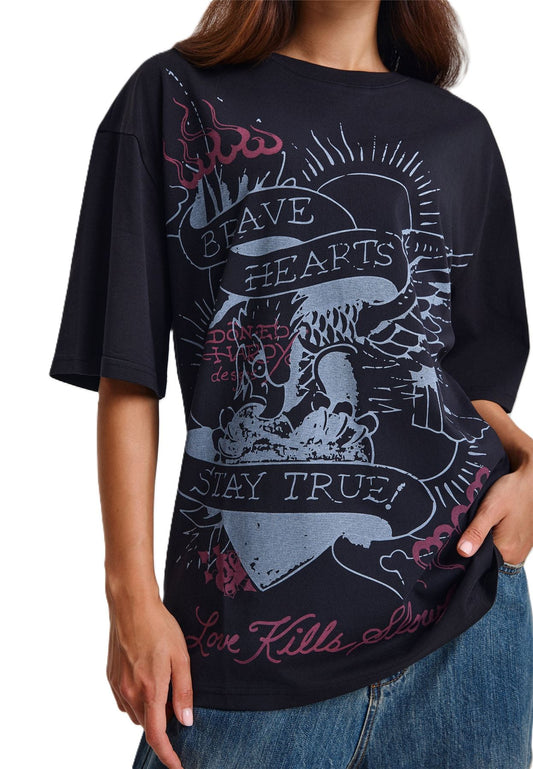 Ed Hardy Brave Hearts True Washed Relaxed Women's Black T-Shirt