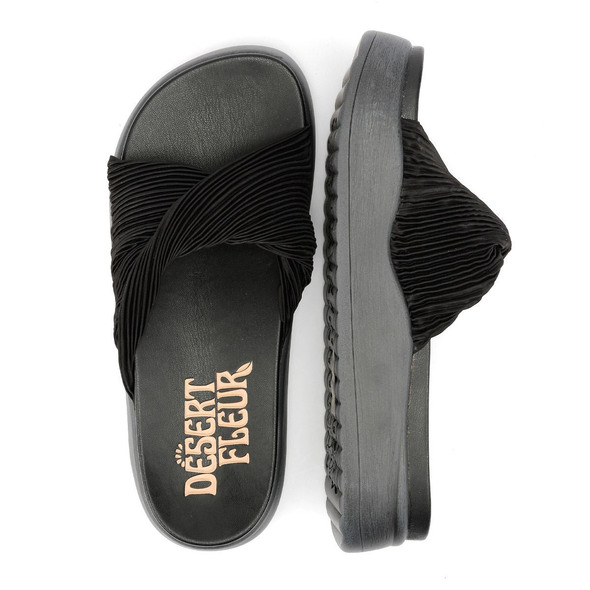 Desert Fleur Gabbro Pleated Satin Women's Black Sandals