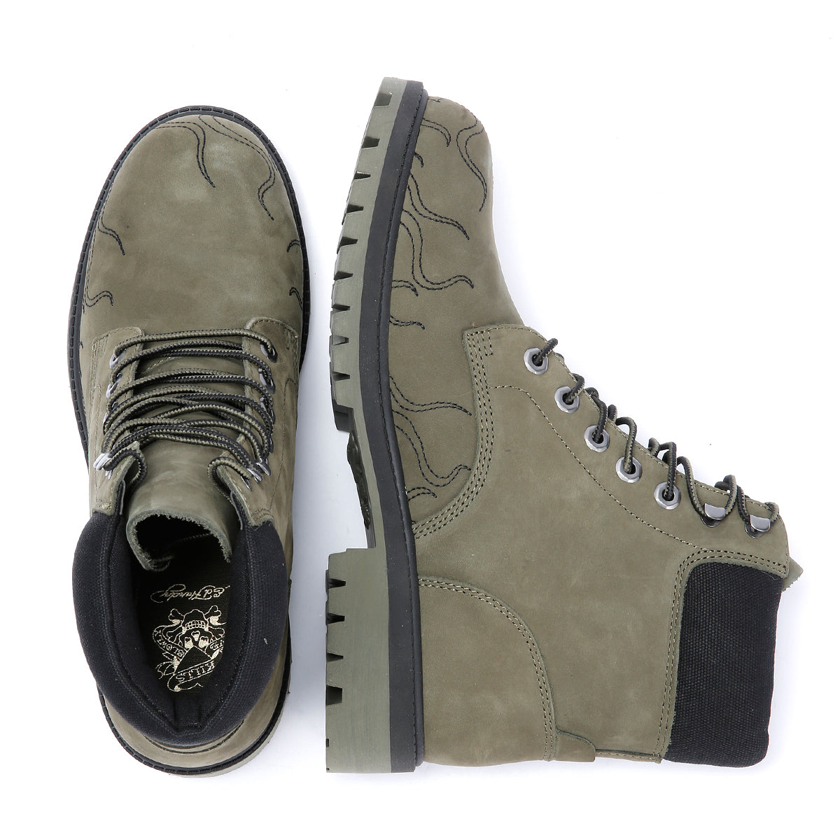 Ed Hardy Embroidered Flames Nubuck Men's Khaki Boots
