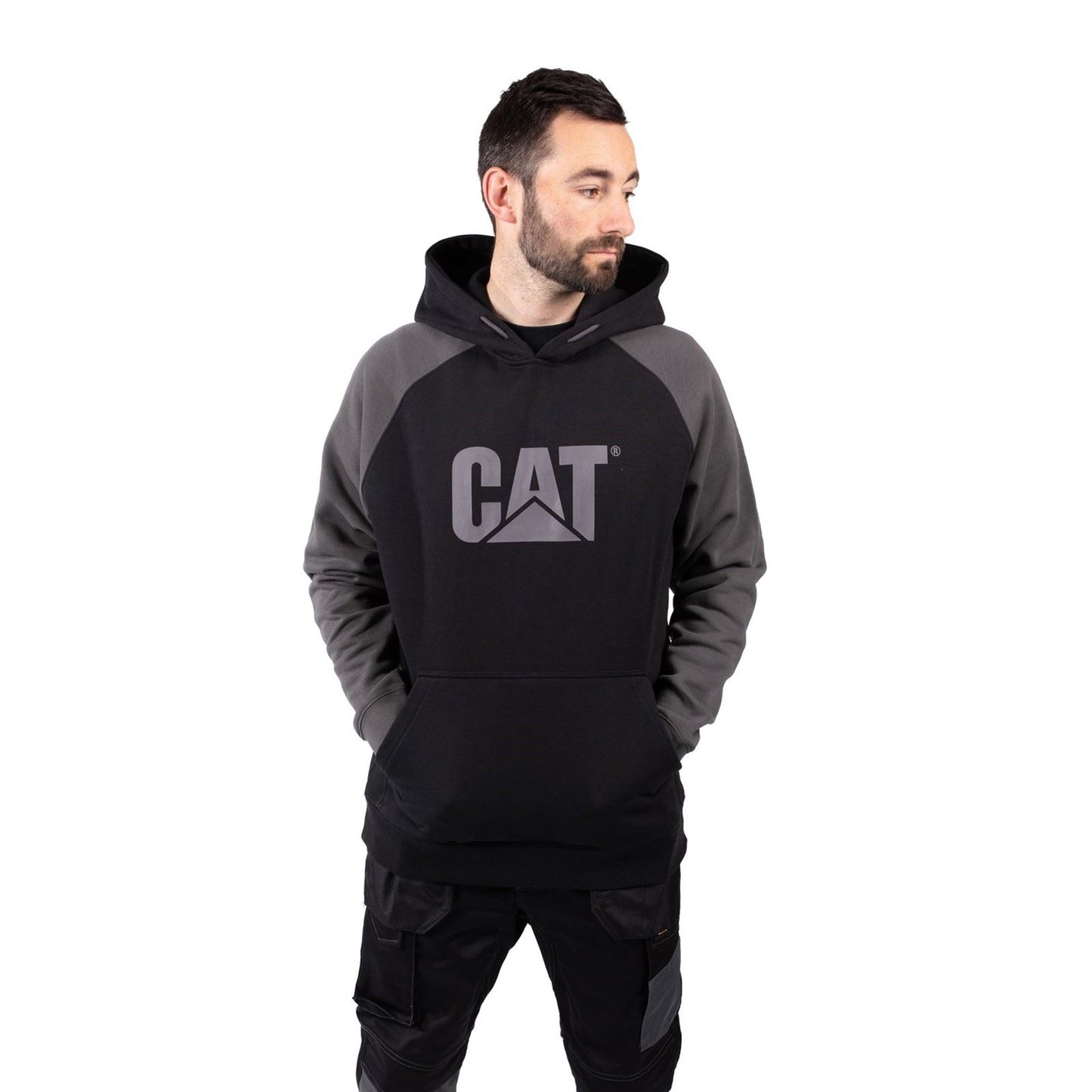 Caterpillar Men's Raglan Hooded Sweatshirt in Black/Magnet