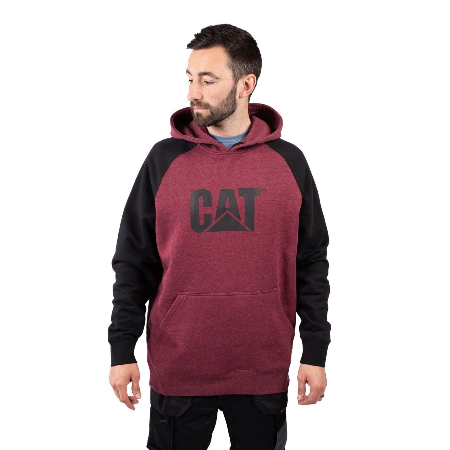 Caterpillar Men's Raglan Hooded Sweatshirt in Carmenere Heather/Black