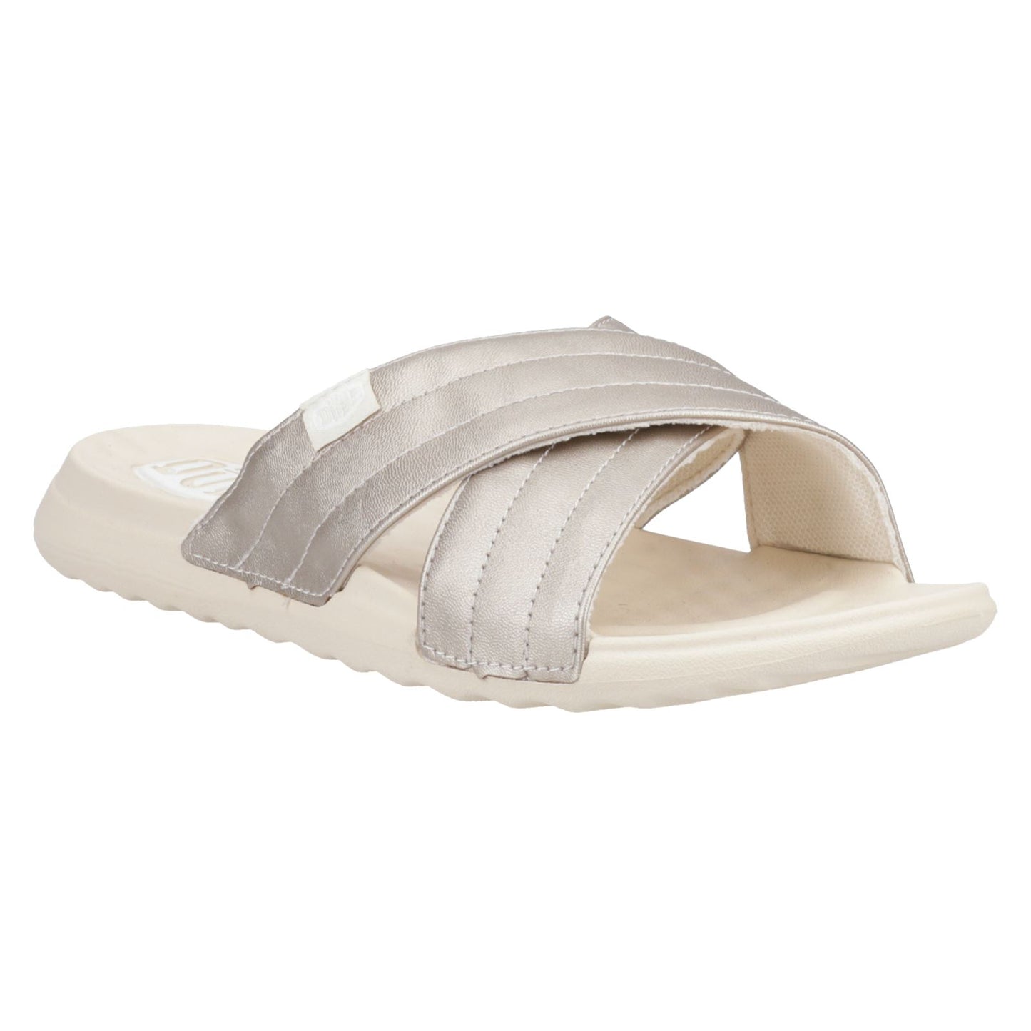 HEYDUDE Women's Christi Slide Distressed Sandal in Metallic