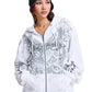 Ed Hardy Diamante Venom Enzyme Wash Relaxed Zip Thru Women's White Hoodie