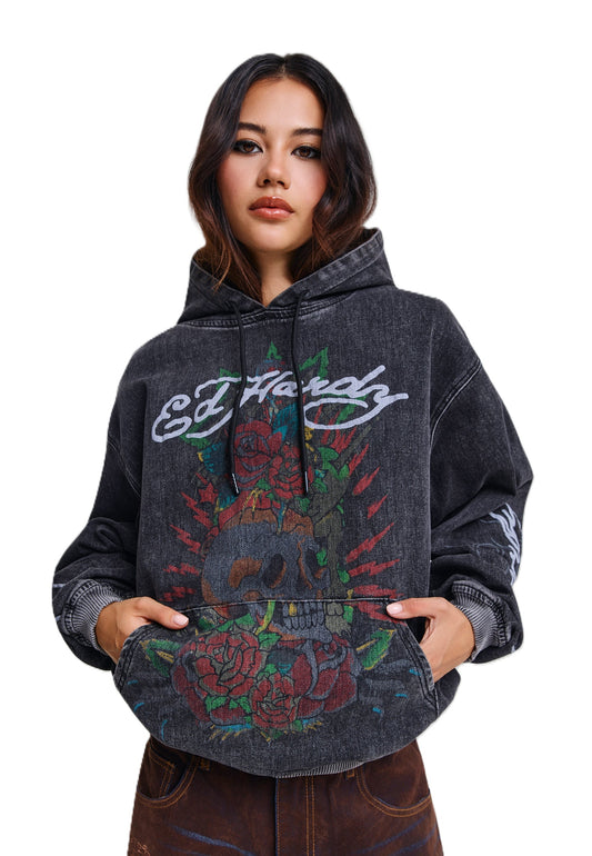 Ed Hardy Skull Roses Oversized Women's Black Hoodie