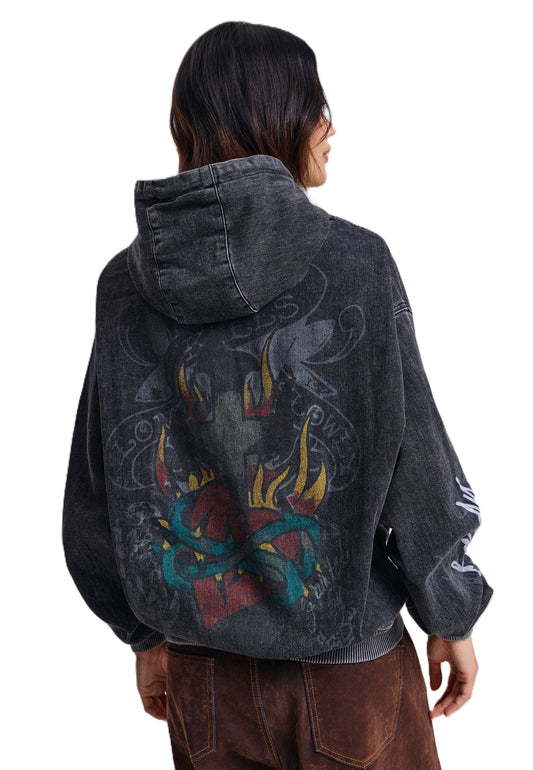 Ed Hardy Skull Roses Oversized Women's Black Hoodie