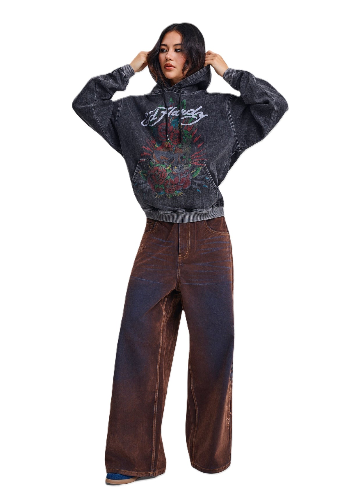 Ed Hardy Skull Roses Oversized Women's Black Hoodie