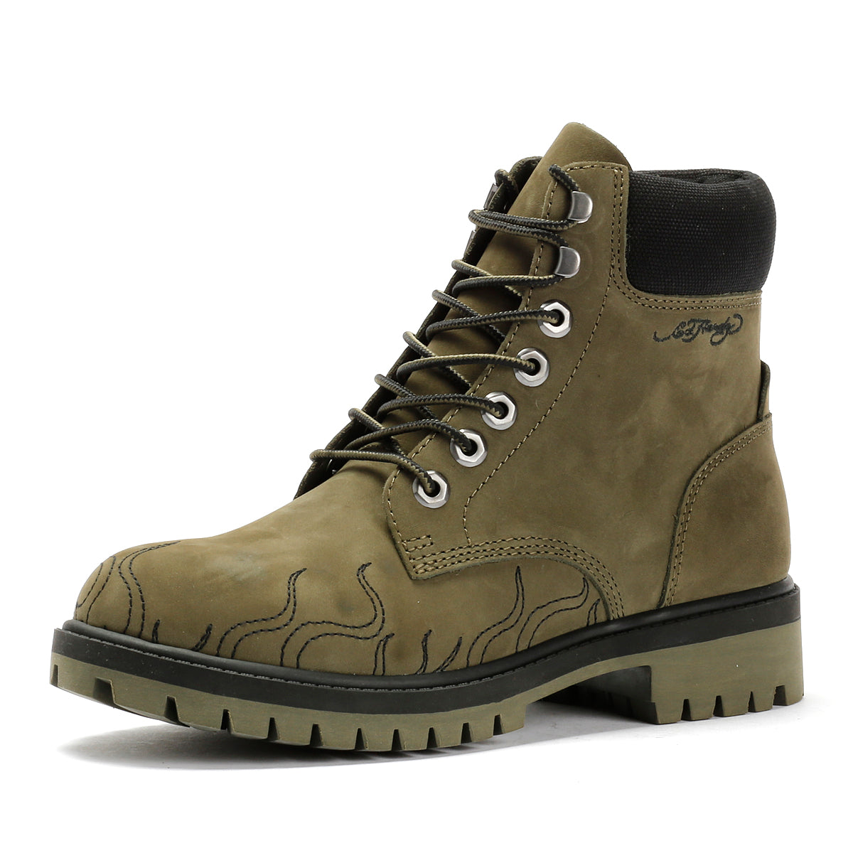 Ed Hardy Embroidered Flames Nubuck Women's Khaki Boots