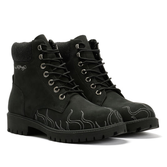 Ed Hardy Embroidered Flames Nubuck Men's Black Boots