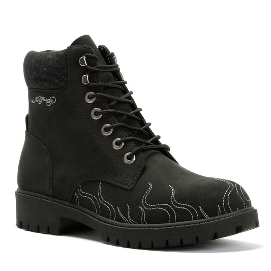 Ed Hardy Embroidered Flames Nubuck Men's Black Boots