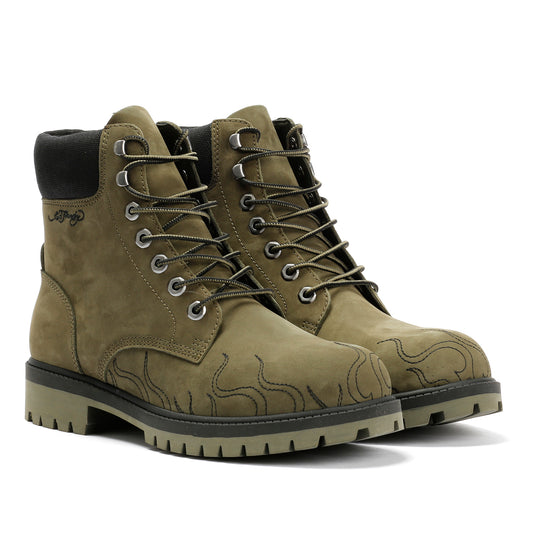 Ed Hardy Embroidered Flames Nubuck Men's Khaki Boots