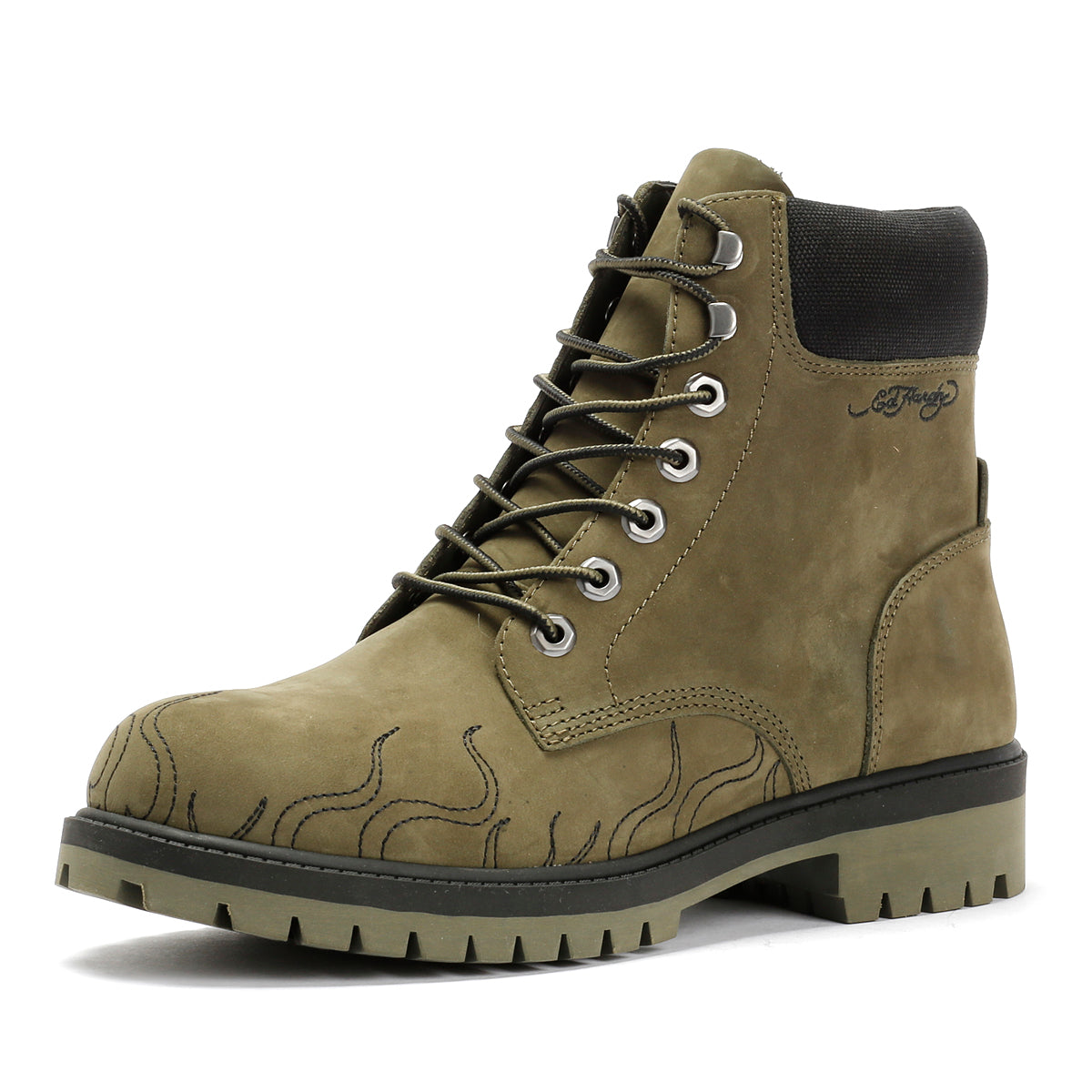 Ed Hardy Embroidered Flames Nubuck Men's Khaki Boots