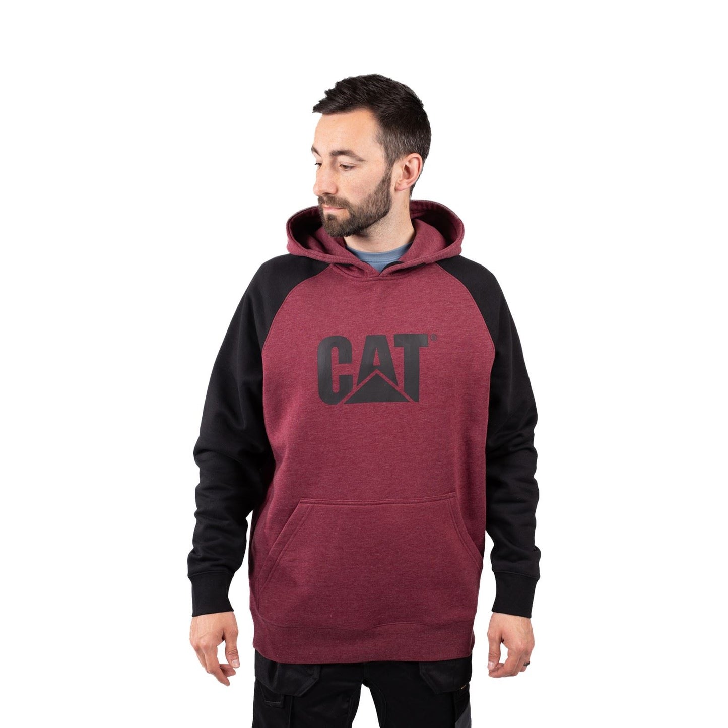 Caterpillar Men's Raglan Hooded Sweatshirt in Carmenere Heather/Black