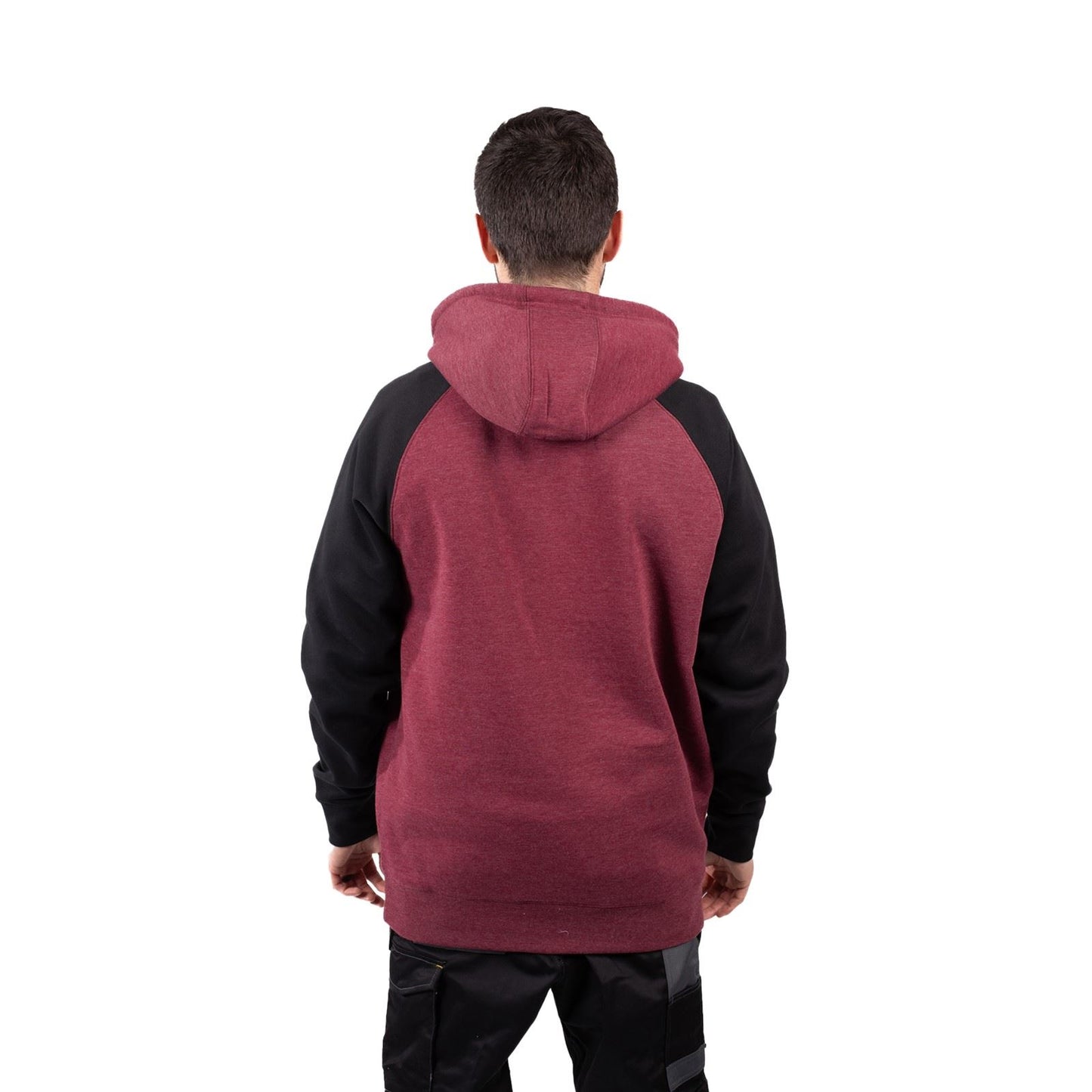 Caterpillar Men's Raglan Hooded Sweatshirt in Carmenere Heather/Black