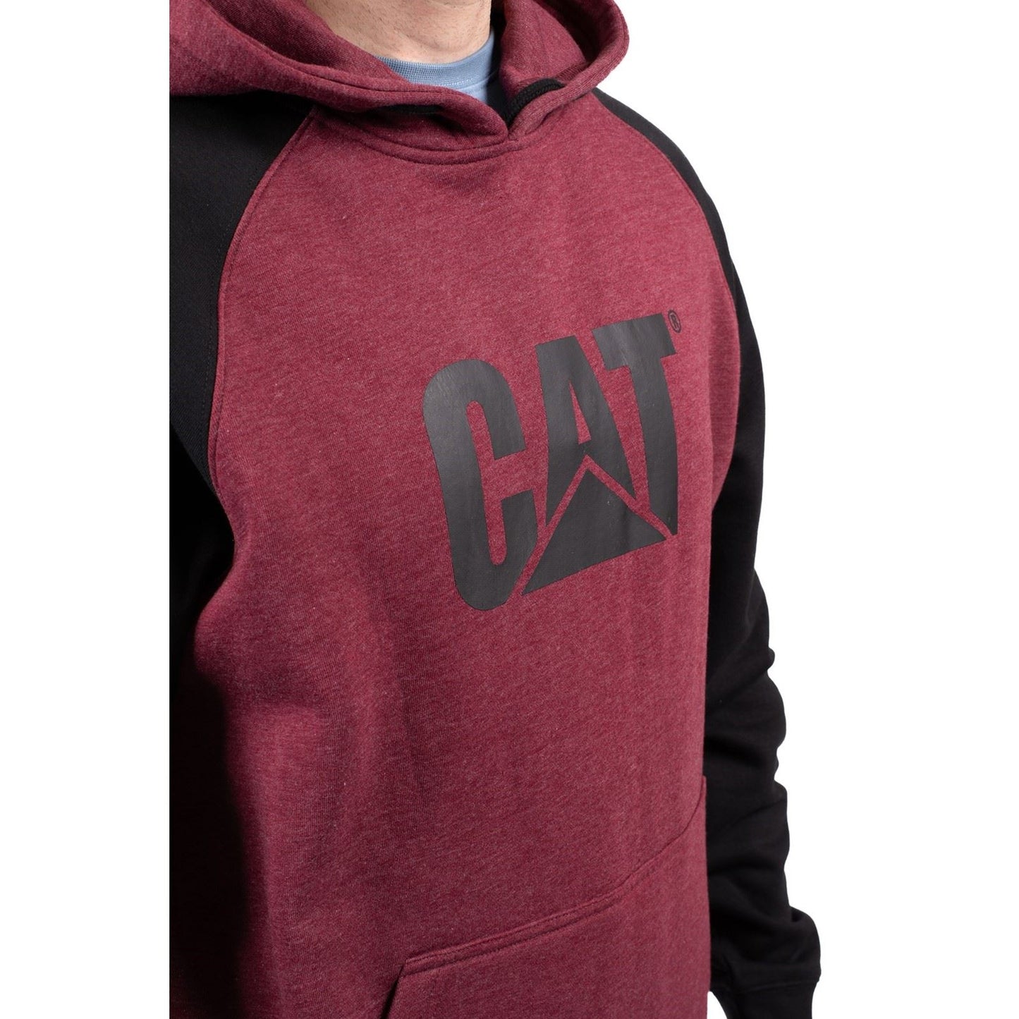 Caterpillar Men's Raglan Hooded Sweatshirt in Carmenere Heather/Black
