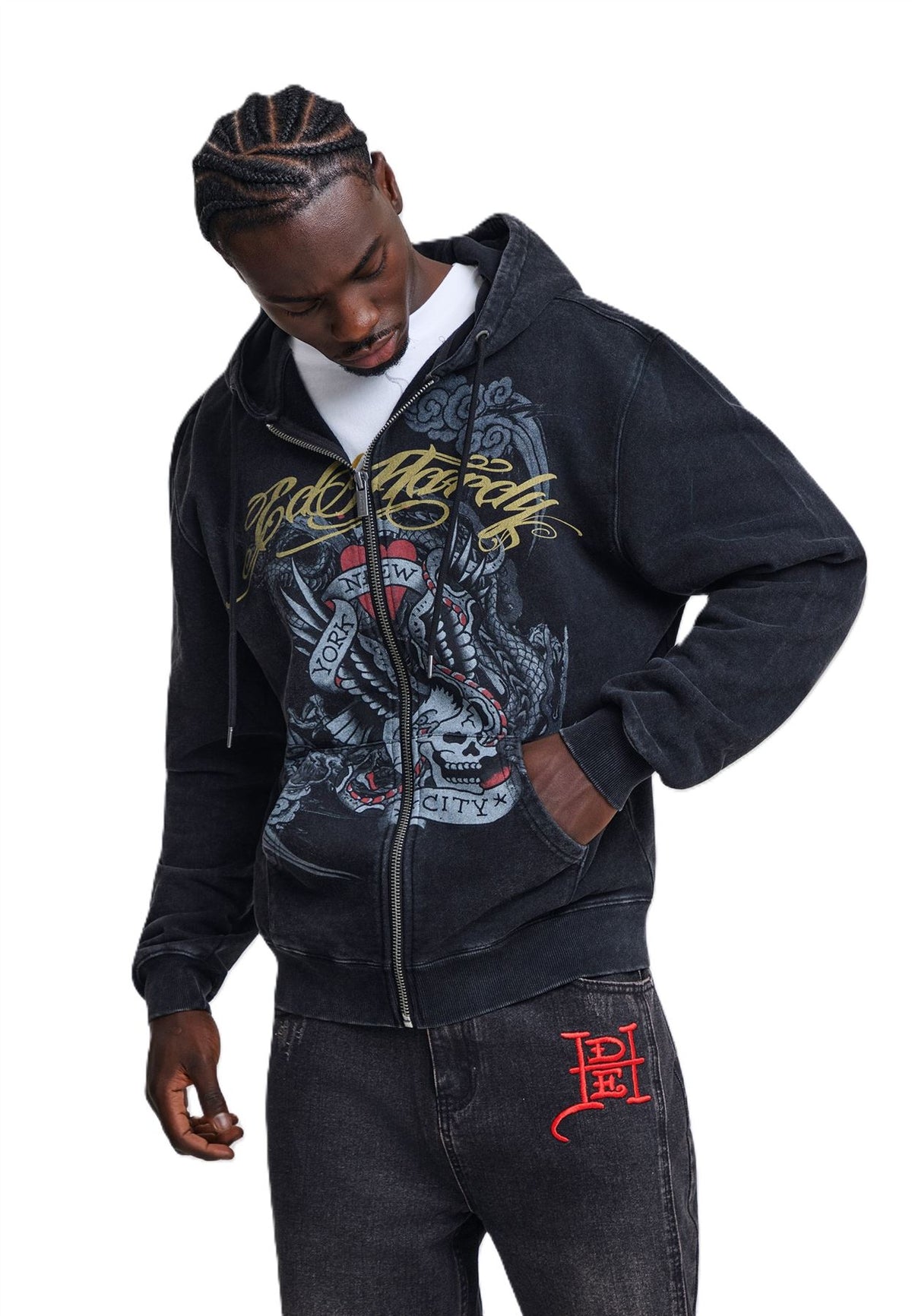 Ed Hardy New York Washed Relaxed Zip Thru Men's Black Hoodie