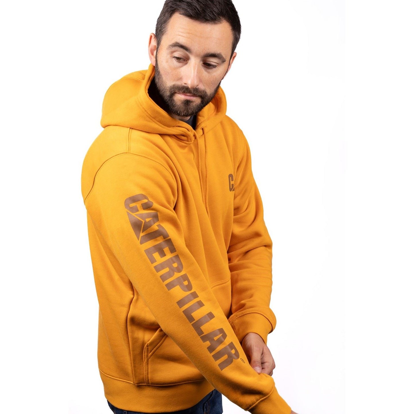 Caterpillar Men's Trademark Banner Hooded Sweatshirt in Yellow