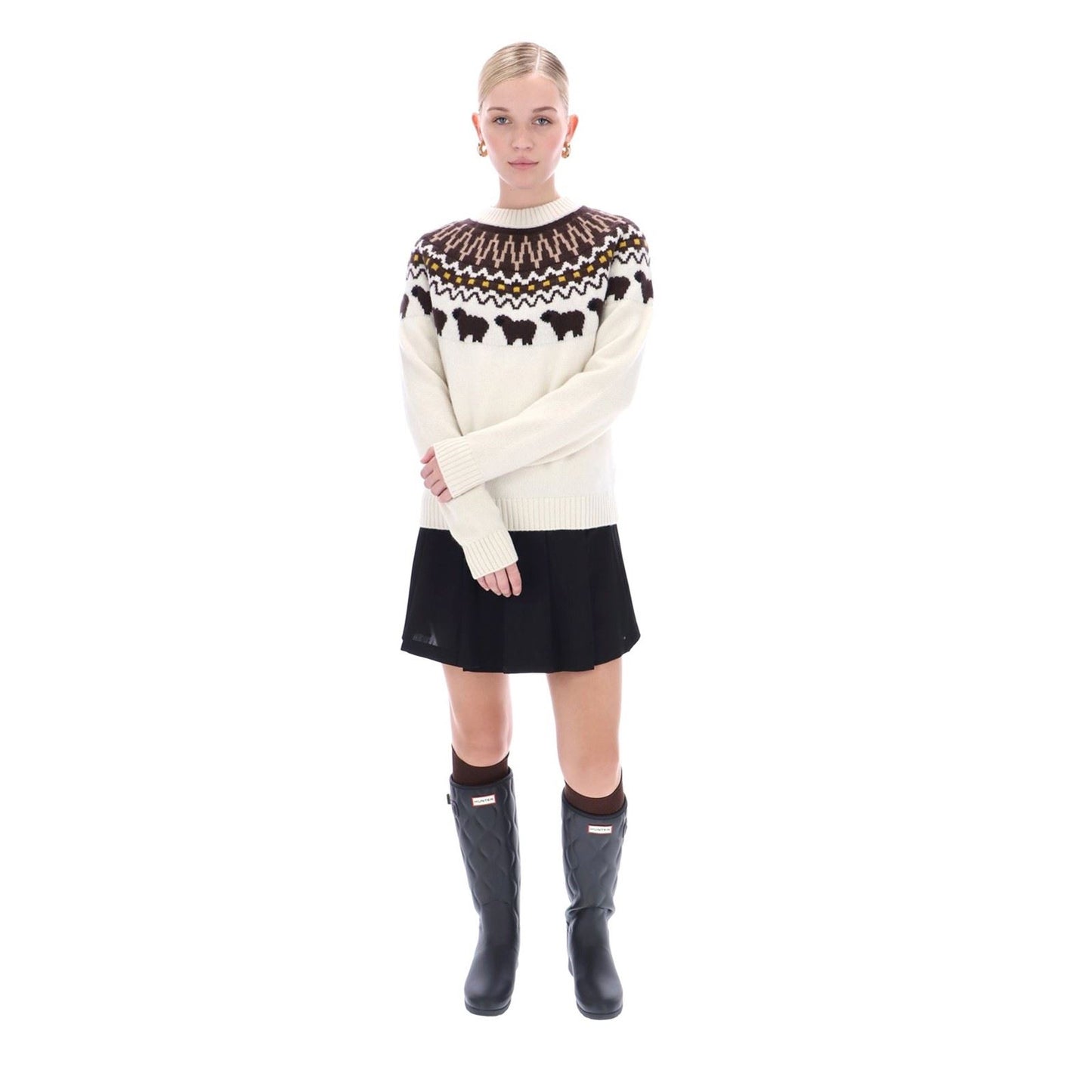 Hunter Ashie Crew Fair Isle Knit Polyester Women's White Crew Neck Jumpers