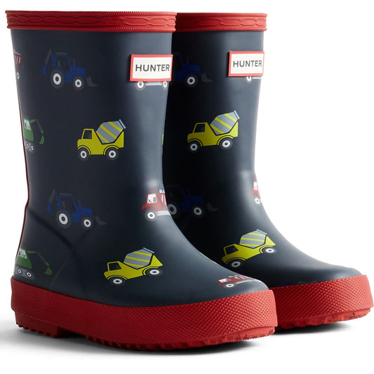 Hunter Kids First Construction Print Boot Rubber Boys's Hunter Navy/Military Red Wellington Boots
