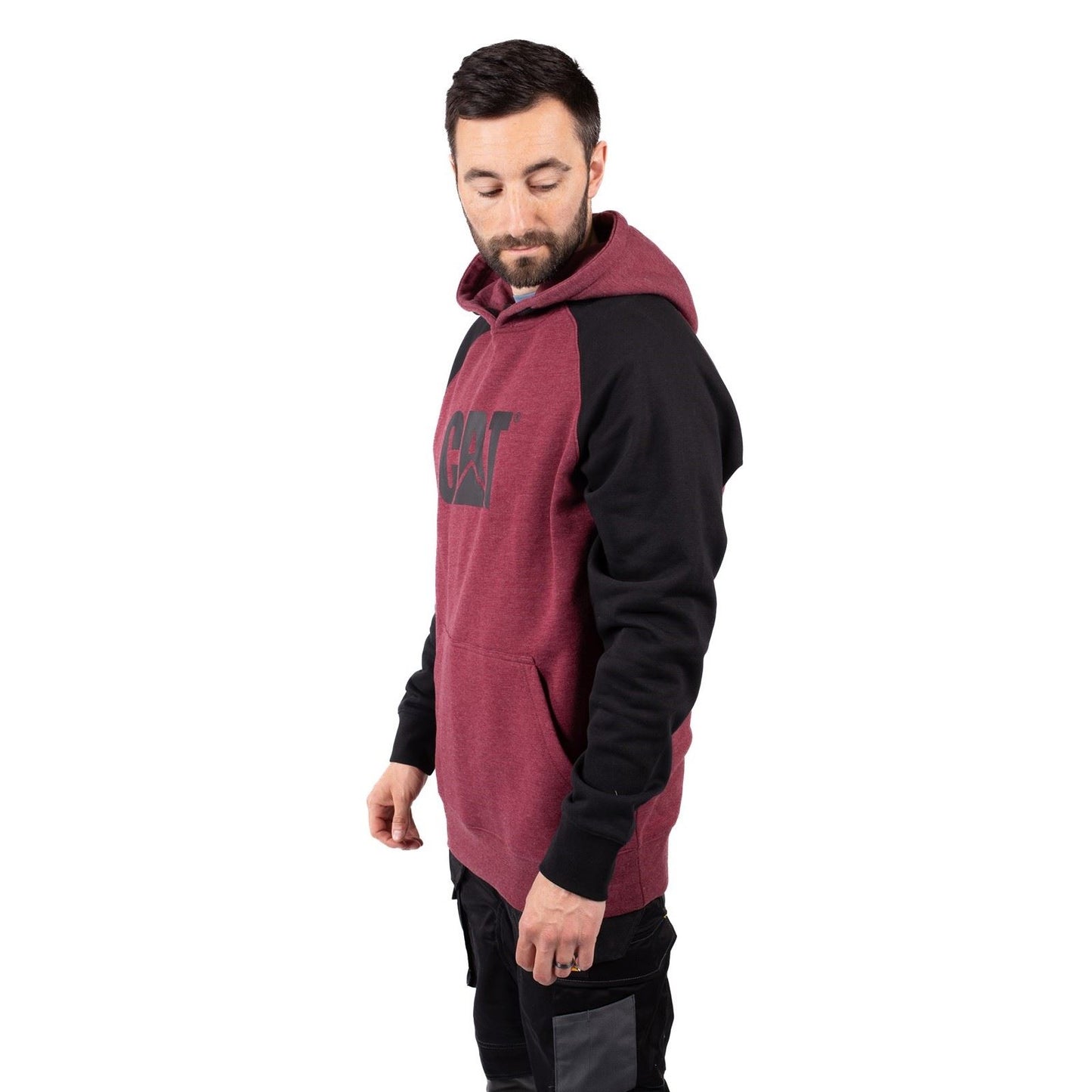 Caterpillar Men's Raglan Hooded Sweatshirt in Carmenere Heather/Black