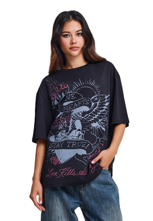 Ed Hardy Brave Hearts True Washed Relaxed Women's Black T-Shirt